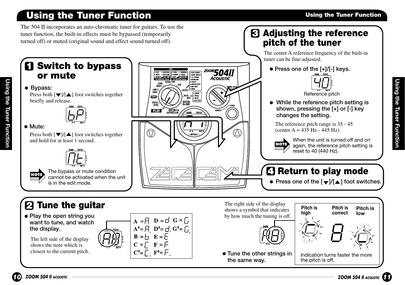 Switch to bypass or mute tune the guitar, Adjusting the reference pitch of the tuner, Return to play mode | Using the tuner function | Zoom ACOUSTIC 504 II User Manual | Page 6 / 17