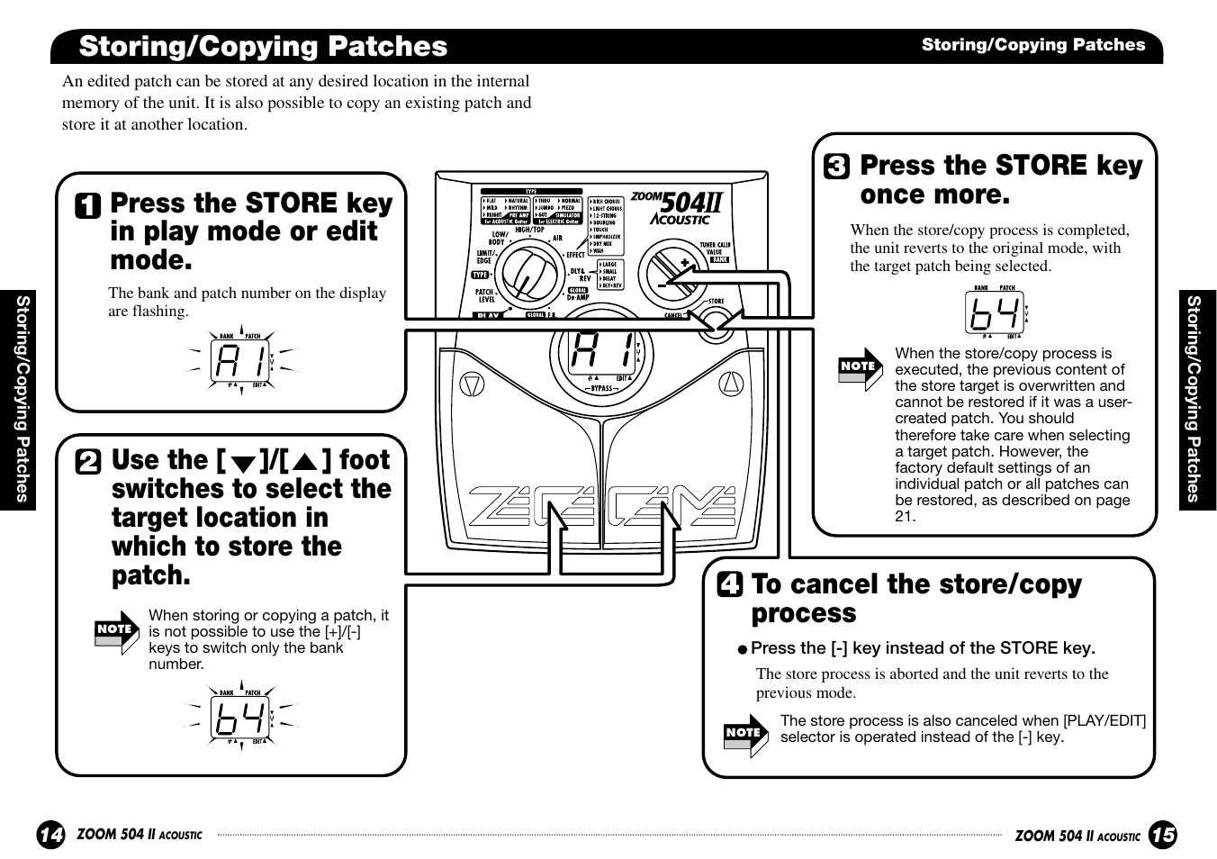 Press the store key once more, Storing/copying patches | Zoom ACOUSTIC 504 II User Manual | Page 8 / 17