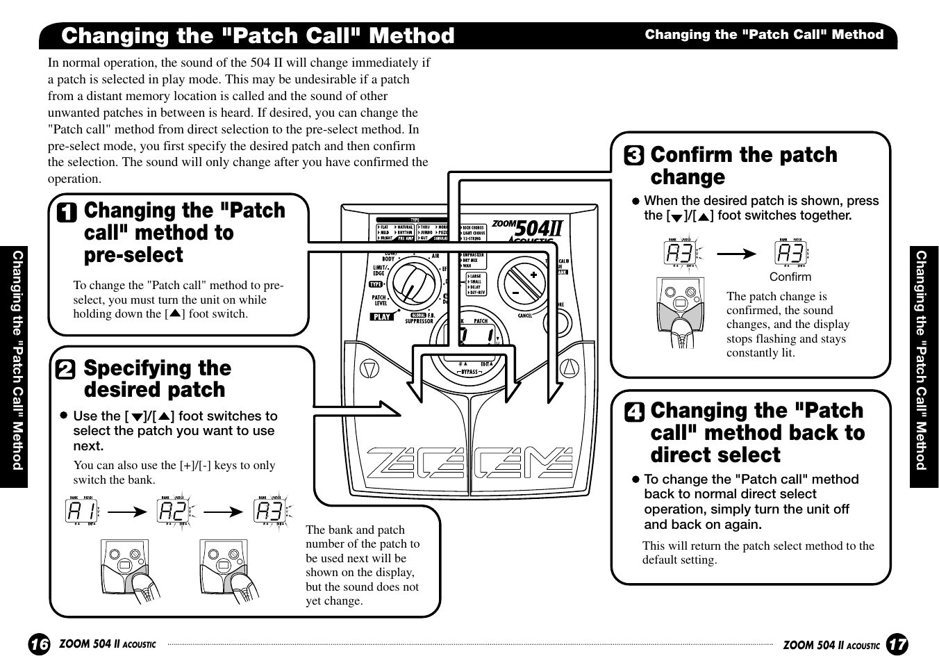 Changing the "patch call" method to pre-select, Specifying the desired patch, Confirm the patch change | Changing the "patch call" method | Zoom ACOUSTIC 504 II User Manual | Page 9 / 17