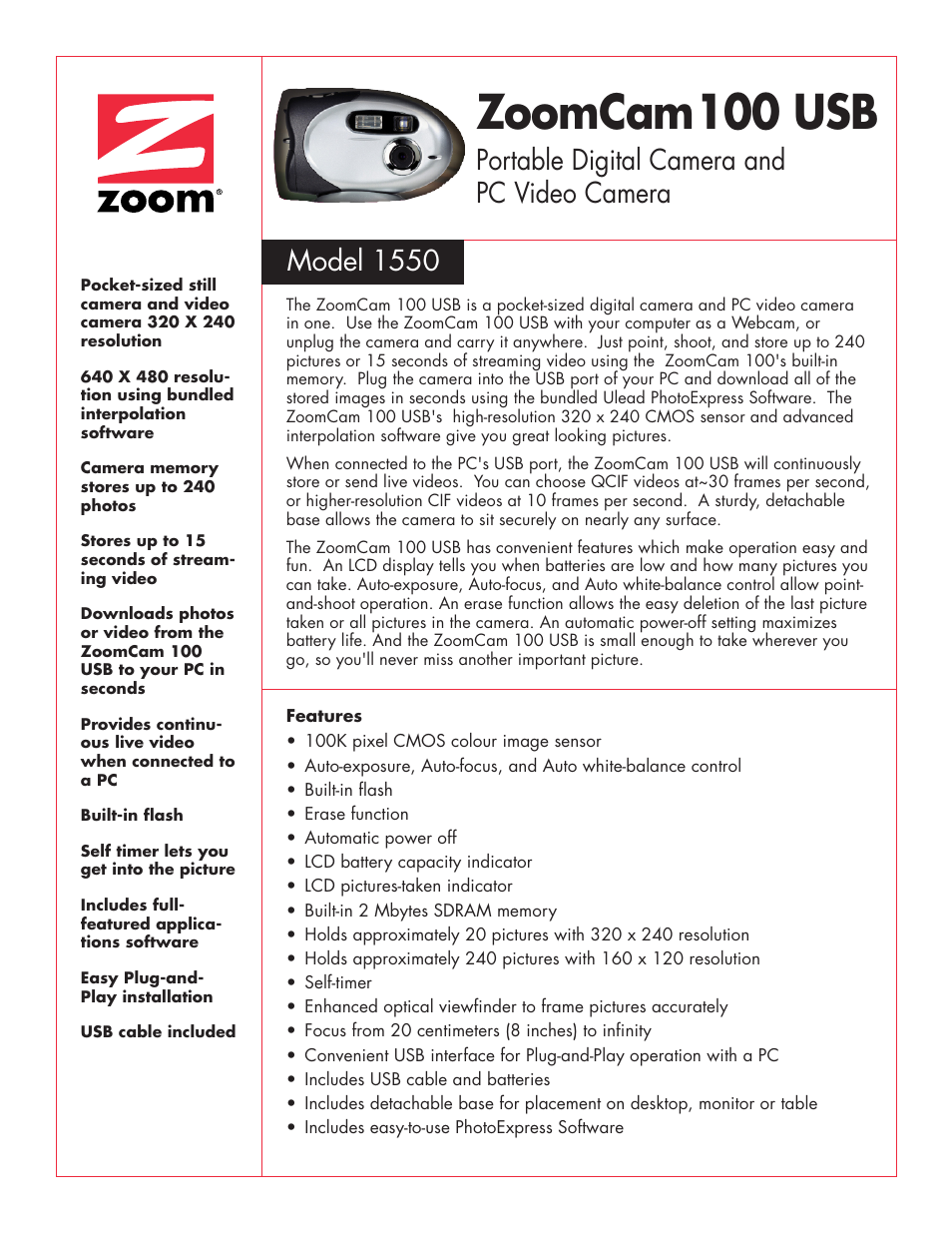 Zoom ZoomCam 100 USB 1550 User Manual | 2 pages