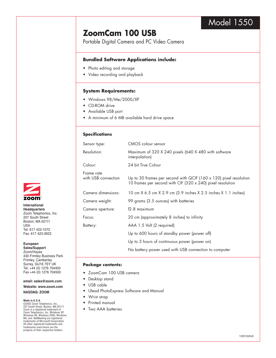 Zoomcam 100 usb, Model 1550, Portable digital camera and pc video camera | Zoom ZoomCam 100 USB 1550 User Manual | Page 2 / 2