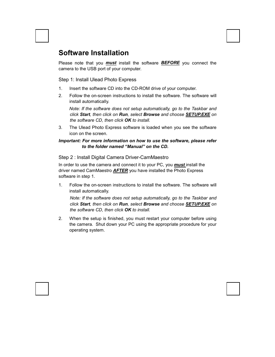 Software installation, Step 1: install ulead photo express, Step 2 : install digital camera driver-cammaestro | Zoom ZOOMCAM 100 User Manual | Page 4 / 12