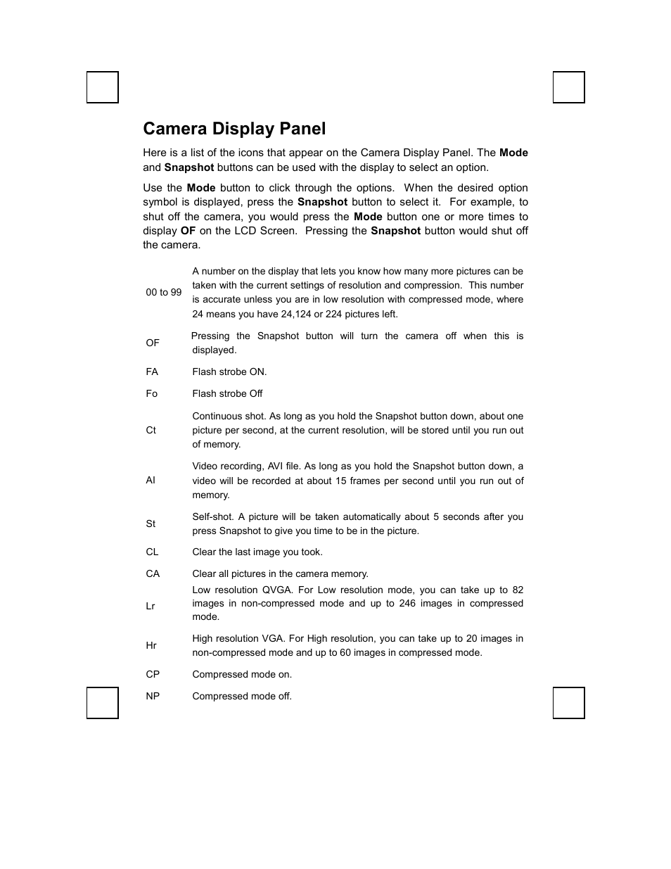 Camera display panel | Zoom ZOOMCAM 100 User Manual | Page 7 / 12