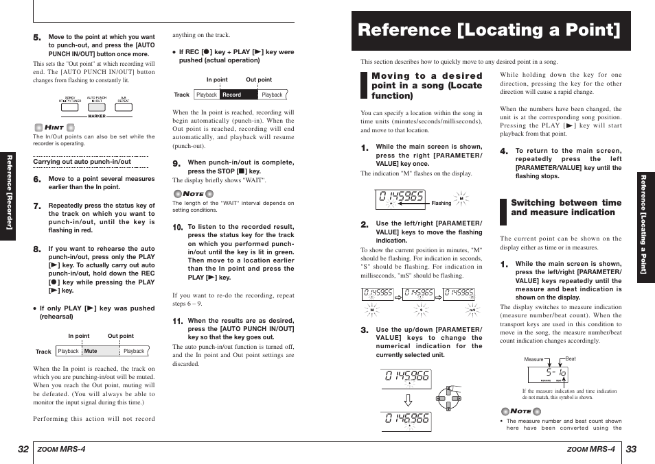 Reference [locating a point, Switching between time and measure indication | Zoom MRS-4 User Manual | Page 17 / 33