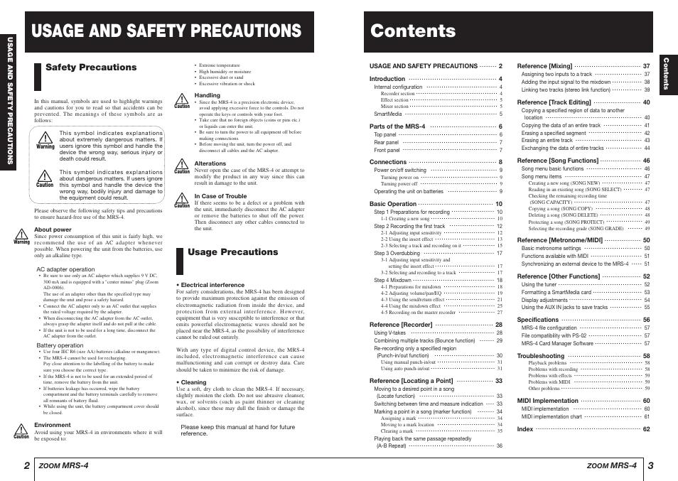 Usage and safety precautions contents, Safety precautions, Usage precautions | Mrs-4 | Zoom MRS-4 User Manual | Page 2 / 33