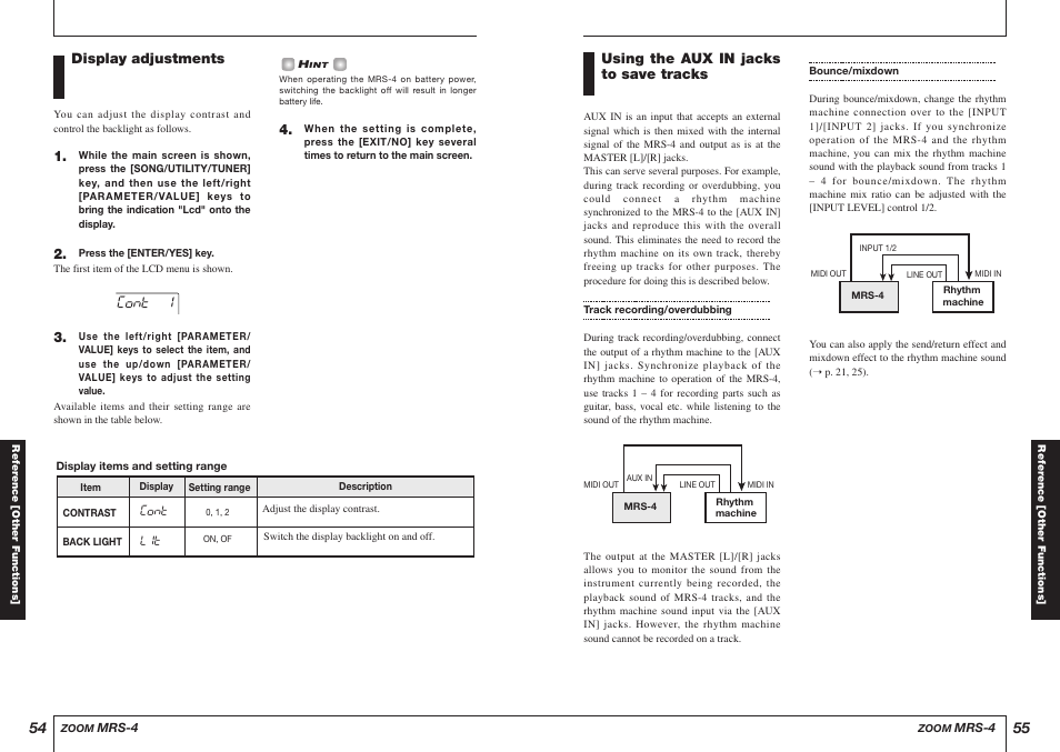 Using the aux in jacks to save tracks, 55 display adjustments | Zoom MRS-4 User Manual | Page 28 / 33