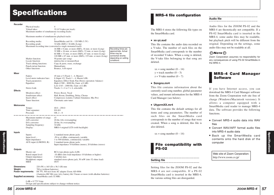 Specifications, Mrs-4 file configuration, File compatibility with ps-02 | Mrs-4 card manager software | Zoom MRS-4 User Manual | Page 29 / 33