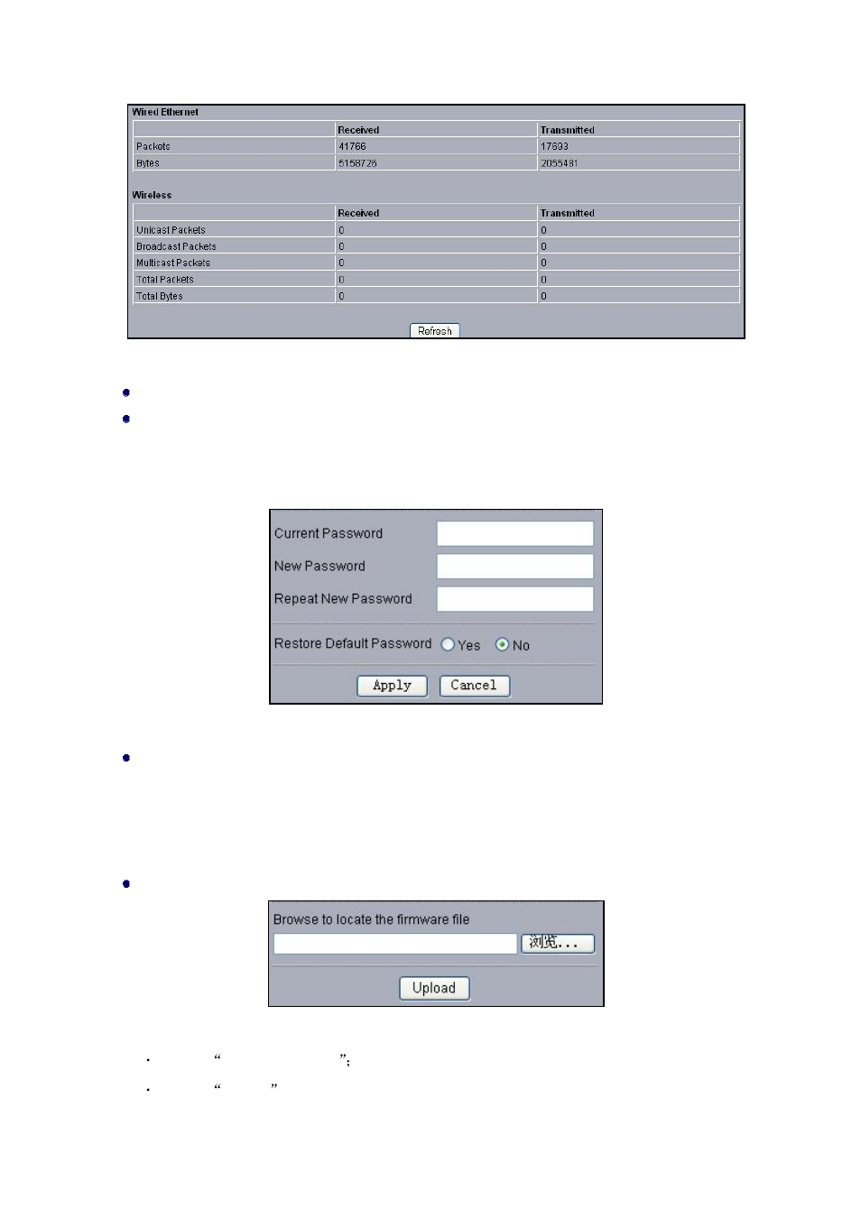 Password, Upgrade firmware, Assword | Pgrade, Irmware, Figure 20 zmax-8210 statistics information, Figure 21 password change, Figure 22 upgrade firmware via web | Z-Com ZMAX-8210-I User Manual | Page 27 / 49