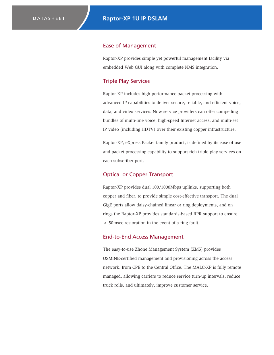 Raptor-xp 1u ip dslam | Zhone Technologies Raptor-XP-15x User Manual | Page 2 / 4