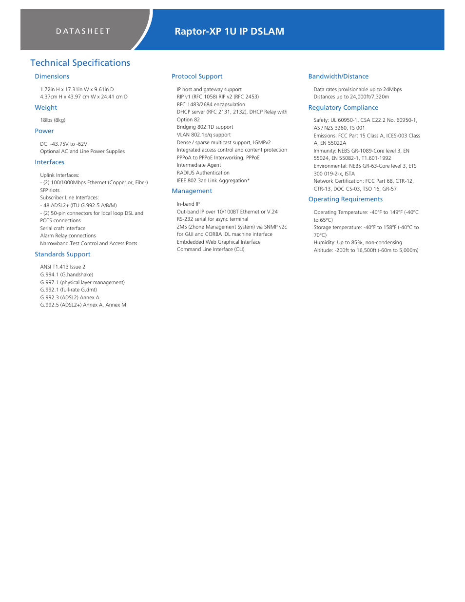 Raptor-xp 1u ip dslam, Technical specifications, Dimensions | Weight, Power, Interfaces, Standards support, Protocol support, Management, Bandwidth/distance | Zhone Technologies Raptor-XP-15x User Manual | Page 3 / 4