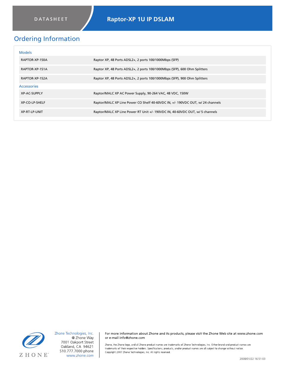Ordering information, Raptor-xp 1u ip dslam | Zhone Technologies Raptor-XP-15x User Manual | Page 4 / 4