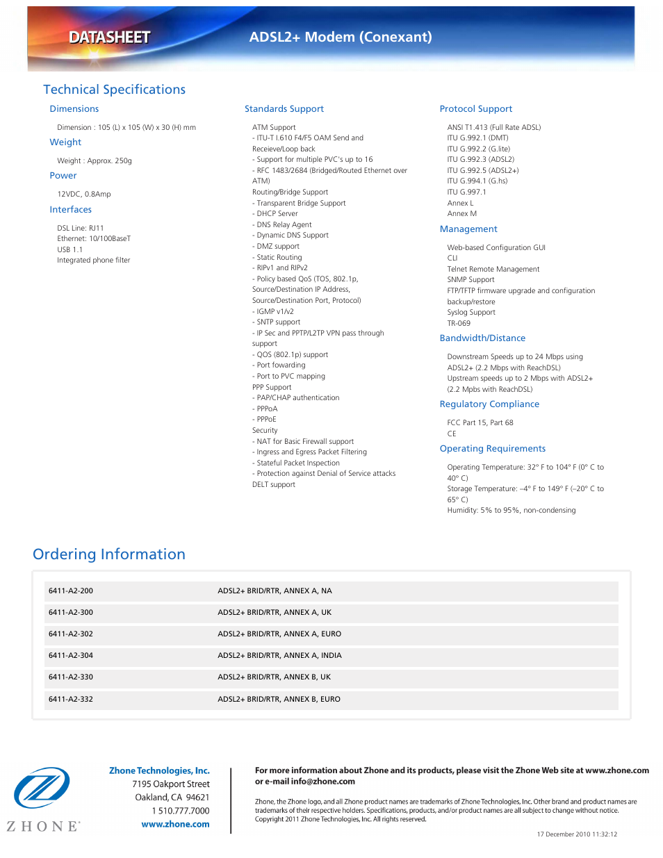 Ordering information, Adsl2+ modem (conexant), Technical specifications | Dimensions, Weight, Power, Interfaces, Standards support, Protocol support, Management | Zhone Technologies 6411 User Manual | Page 2 / 2