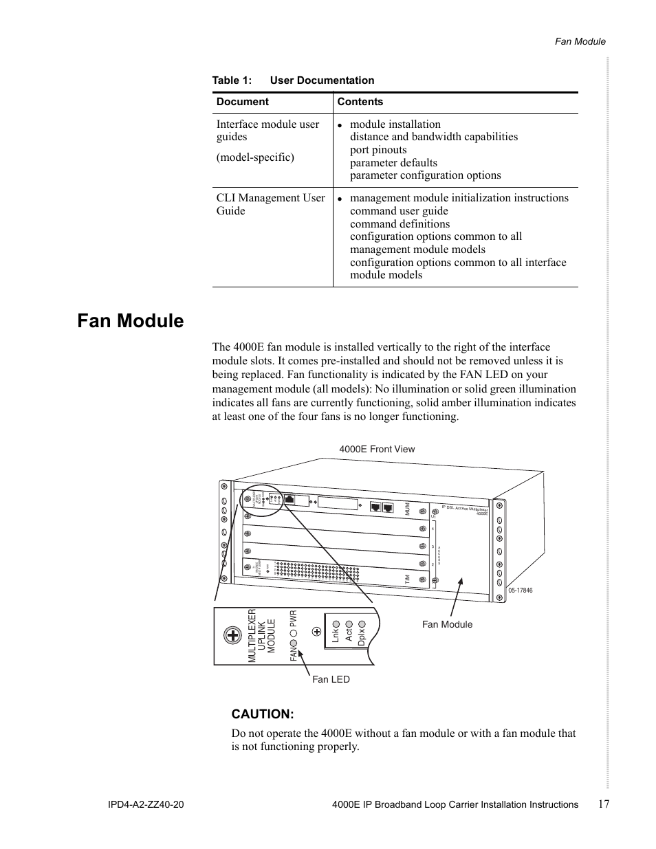 Fan module, Caution, Table 1: user documentation document contents | 4000e front view, Mul tiplexer uplink module, Fan module fan led | Zhone Technologies 4000E User Manual | Page 17 / 22