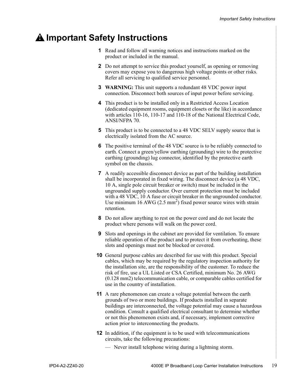 Important safety instructions | Zhone Technologies 4000E User Manual | Page 19 / 22