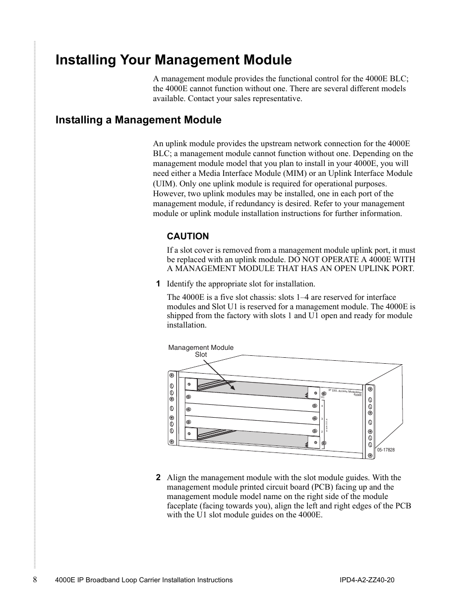 Installing your management module, Installing a management module, Caution | Zhone Technologies 4000E User Manual | Page 8 / 22