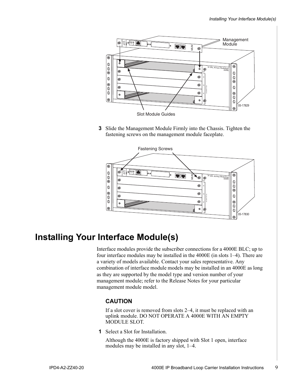 Installing your interface module(s), Caution, Management module slot module guides | Fastening screws | Zhone Technologies 4000E User Manual | Page 9 / 22