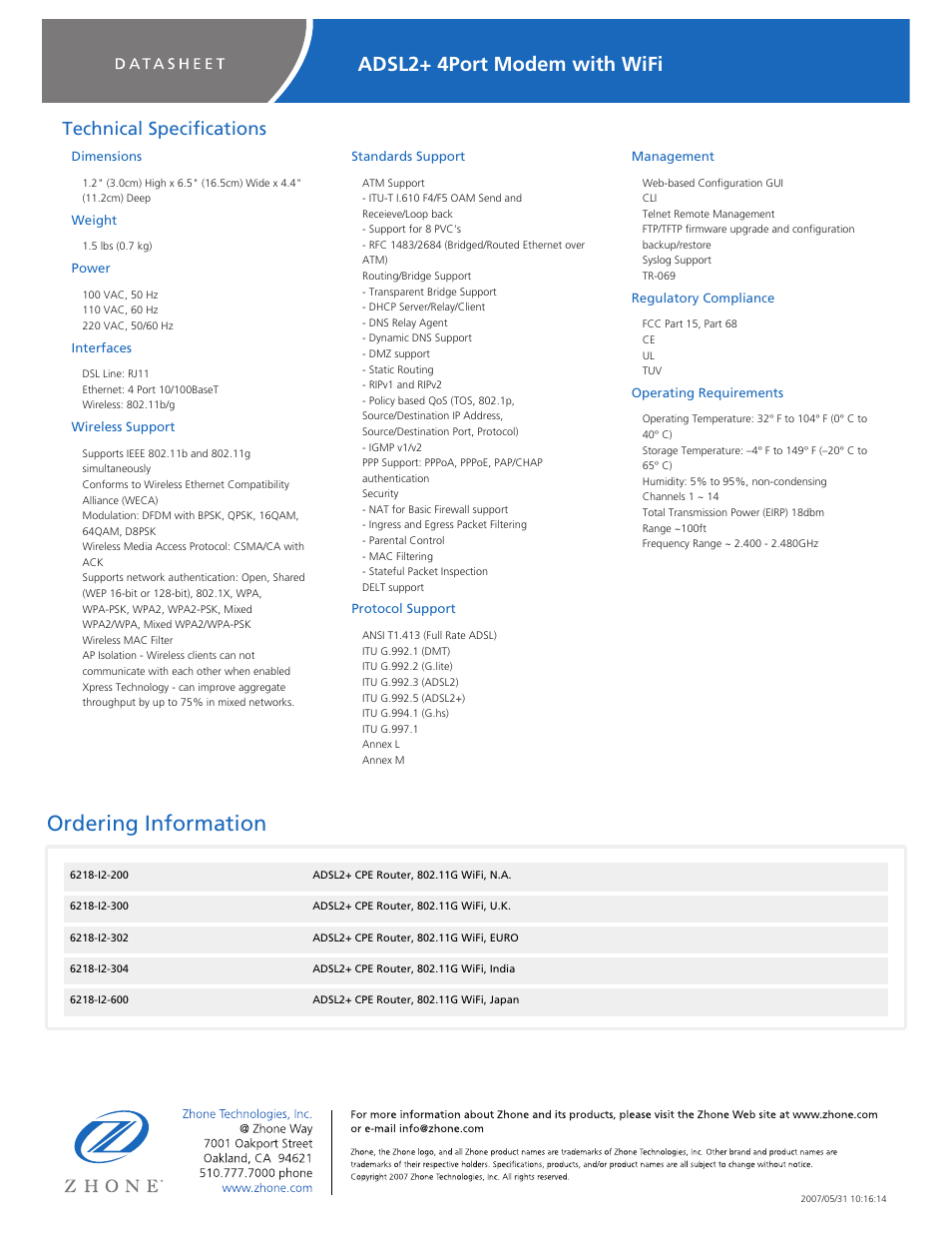 Ordering information, Adsl2+ 4port modem with wifi, Technical specifications | Dimensions, Weight, Power, Interfaces, Wireless support, Standards support, Protocol support | Zhone Technologies 6218-I2-xxx User Manual | Page 2 / 2