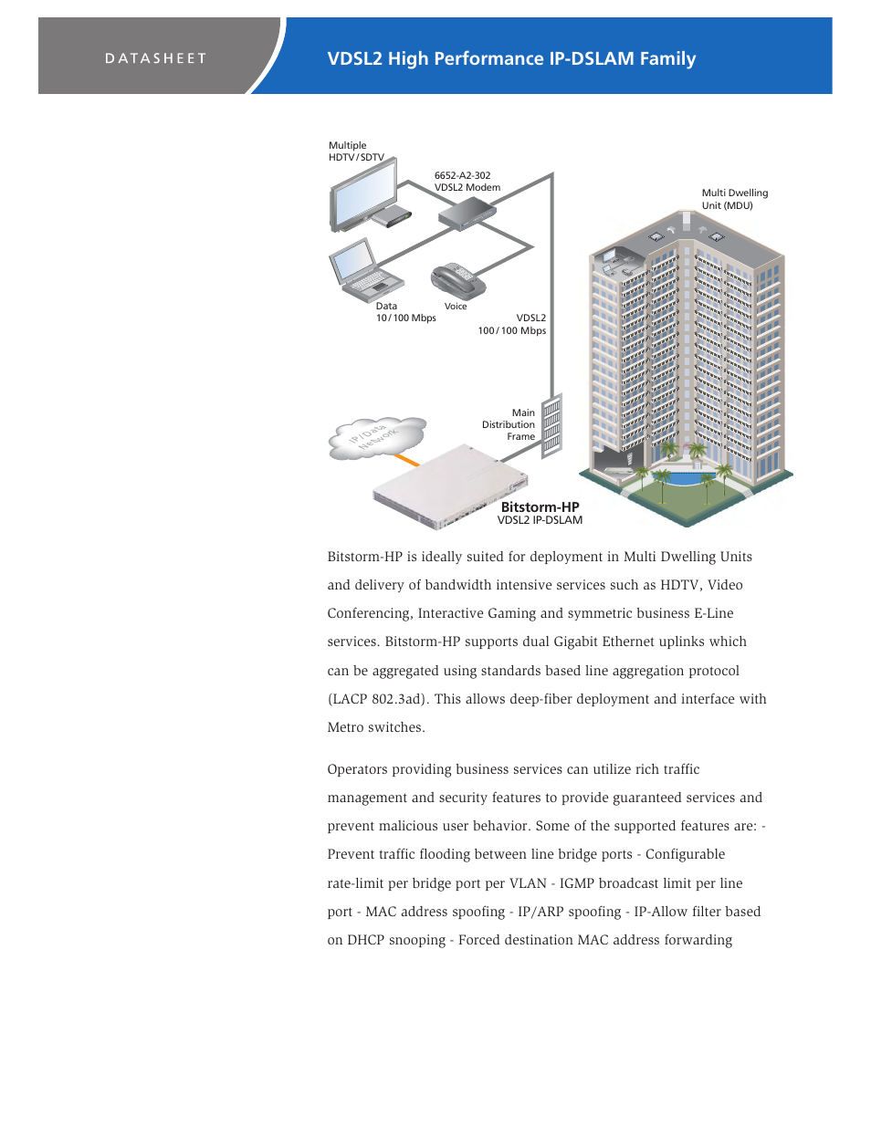Vdsl2 high performance ip-dslam family | Zhone Technologies BITSTORM HP-160 User Manual | Page 2 / 4