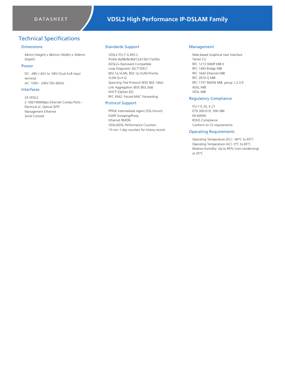 Vdsl2 high performance ip-dslam family, Technical specifications, Dimensions | Power, Interfaces, Standards support, Protocol support, Management, Regulatory compliance, Operating requirements | Zhone Technologies BITSTORM HP-160 User Manual | Page 3 / 4