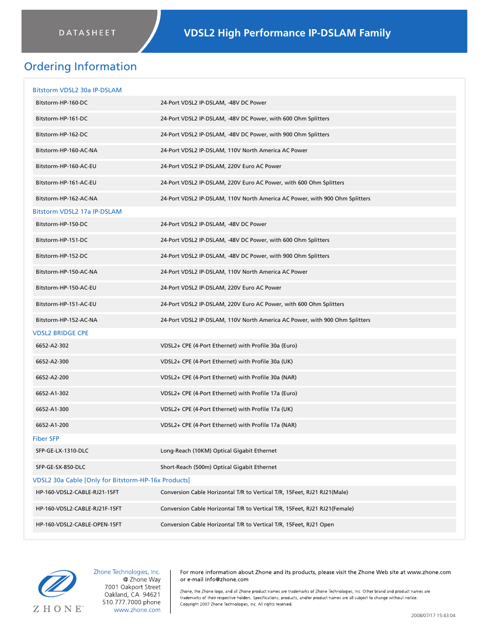 Ordering information, Vdsl2 high performance ip-dslam family | Zhone Technologies BITSTORM HP-160 User Manual | Page 4 / 4