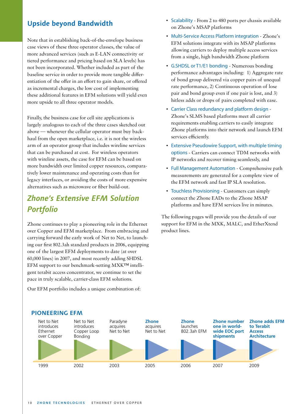 Zhone’s extensive efm solution portfolio, Upside beyond bandwidth, Pioneering efm | Zhone Technologies ZTI-PG User Manual | Page 10 / 16