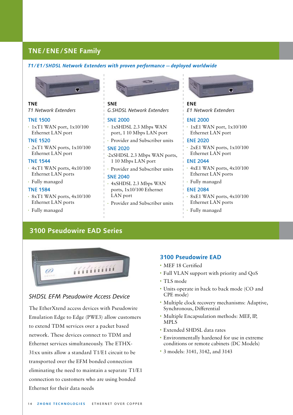 Tne / ene / sne family, 3100 pseudowire ead series, Shdsl efm pseudowire access device | 3100 pseudowire ead | Zhone Technologies ZTI-PG User Manual | Page 14 / 16