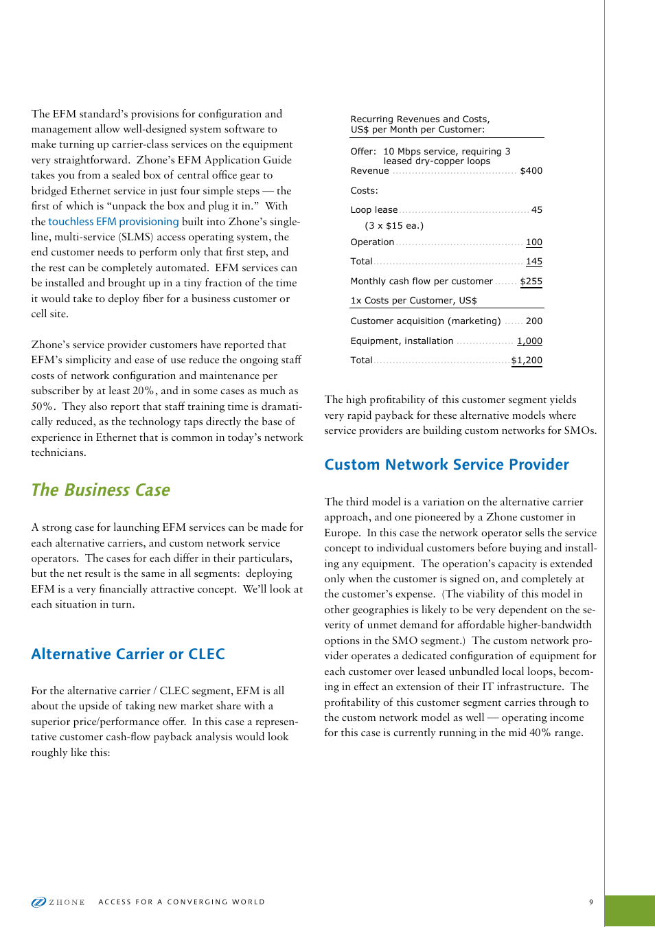 The business case, Alternative carrier or clec, Custom network service provider | Zhone Technologies ZTI-PG User Manual | Page 9 / 16
