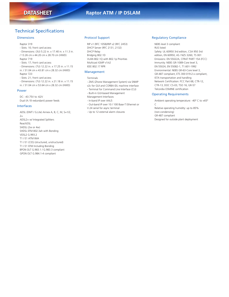 Raptor atm / ip dslam, Technical specifications, Dimensions | Power, Interfaces, Protocol support, Management, Regulatory compliance, Operating requirements | Zhone Technologies Raptor ATM User Manual | Page 3 / 4