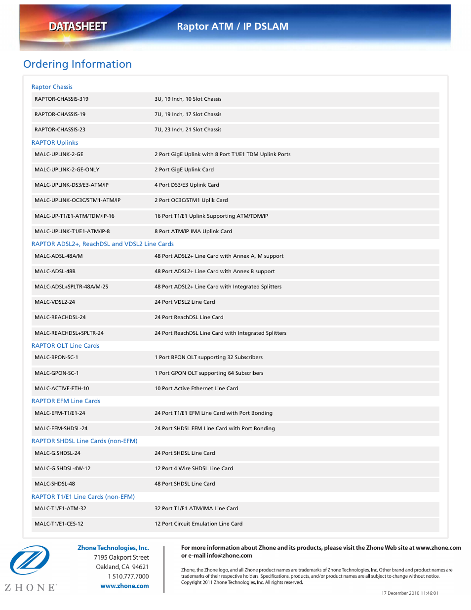 Ordering information, Raptor atm / ip dslam | Zhone Technologies Raptor ATM User Manual | Page 4 / 4