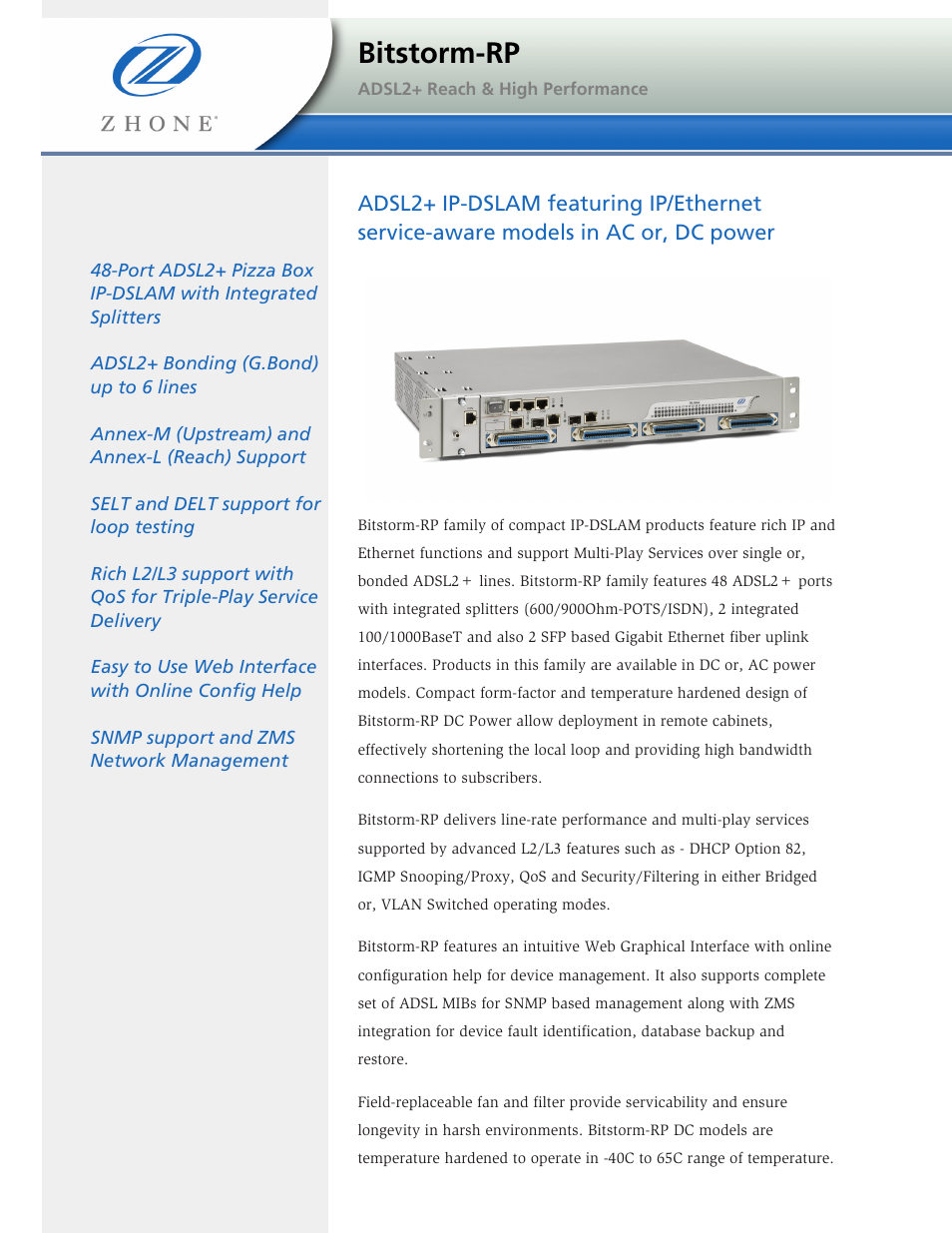 Zhone Technologies ADSL2+ Reach & High Performance User Manual | 2 pages