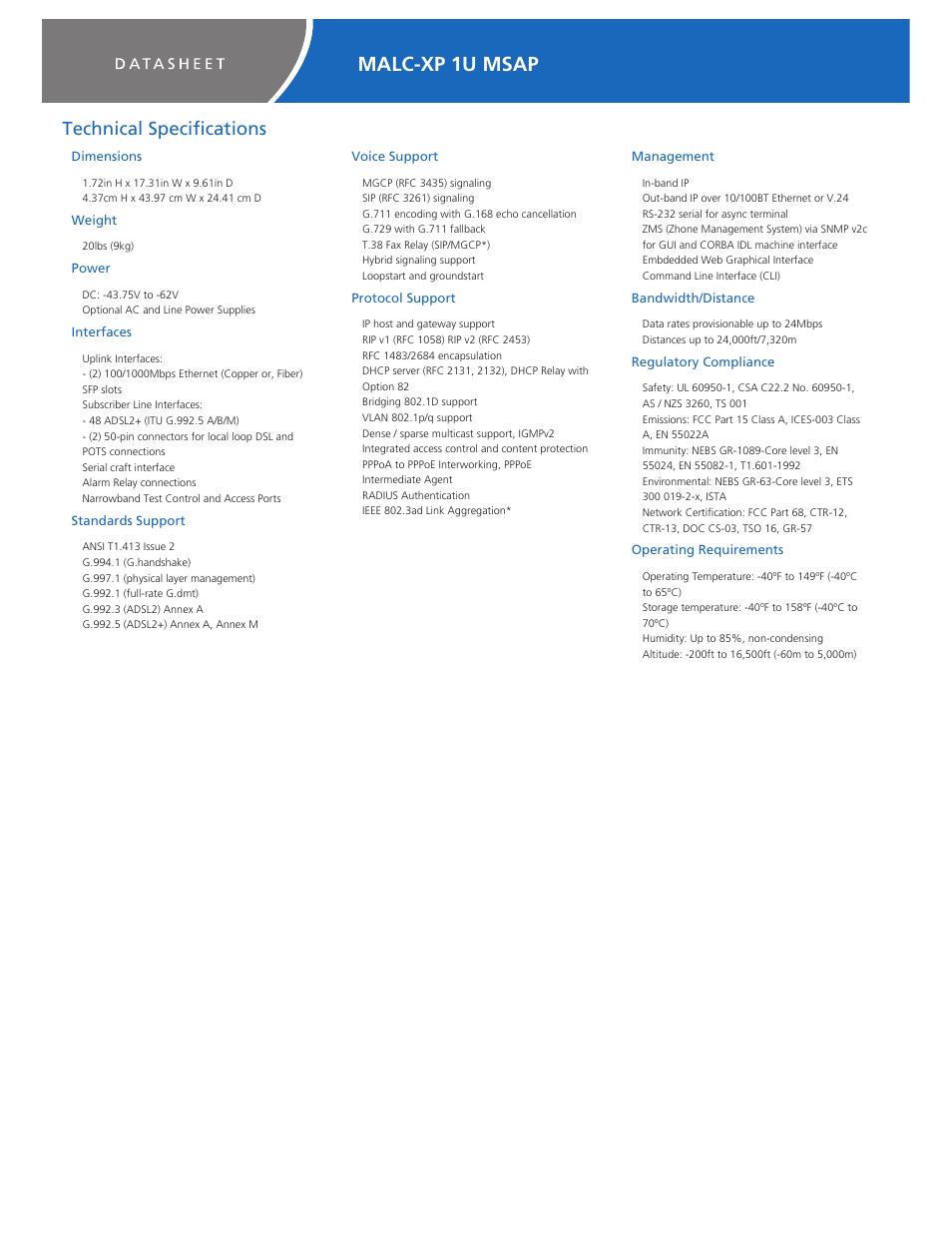 Malc-xp 1u msap, Technical specifications, Dimensions | Weight, Power, Interfaces, Standards support, Voice support, Protocol support, Management | Zhone Technologies MALC-XP User Manual | Page 3 / 4