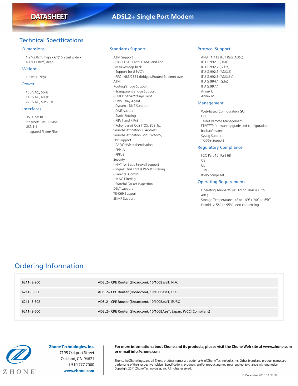 Ordering information, Adsl2+ single port modem, Technical specifications | Dimensions, Weight, Power, Interfaces, Standards support, Protocol support, Management | Zhone Technologies 6211-I3-xxx User Manual | Page 2 / 2