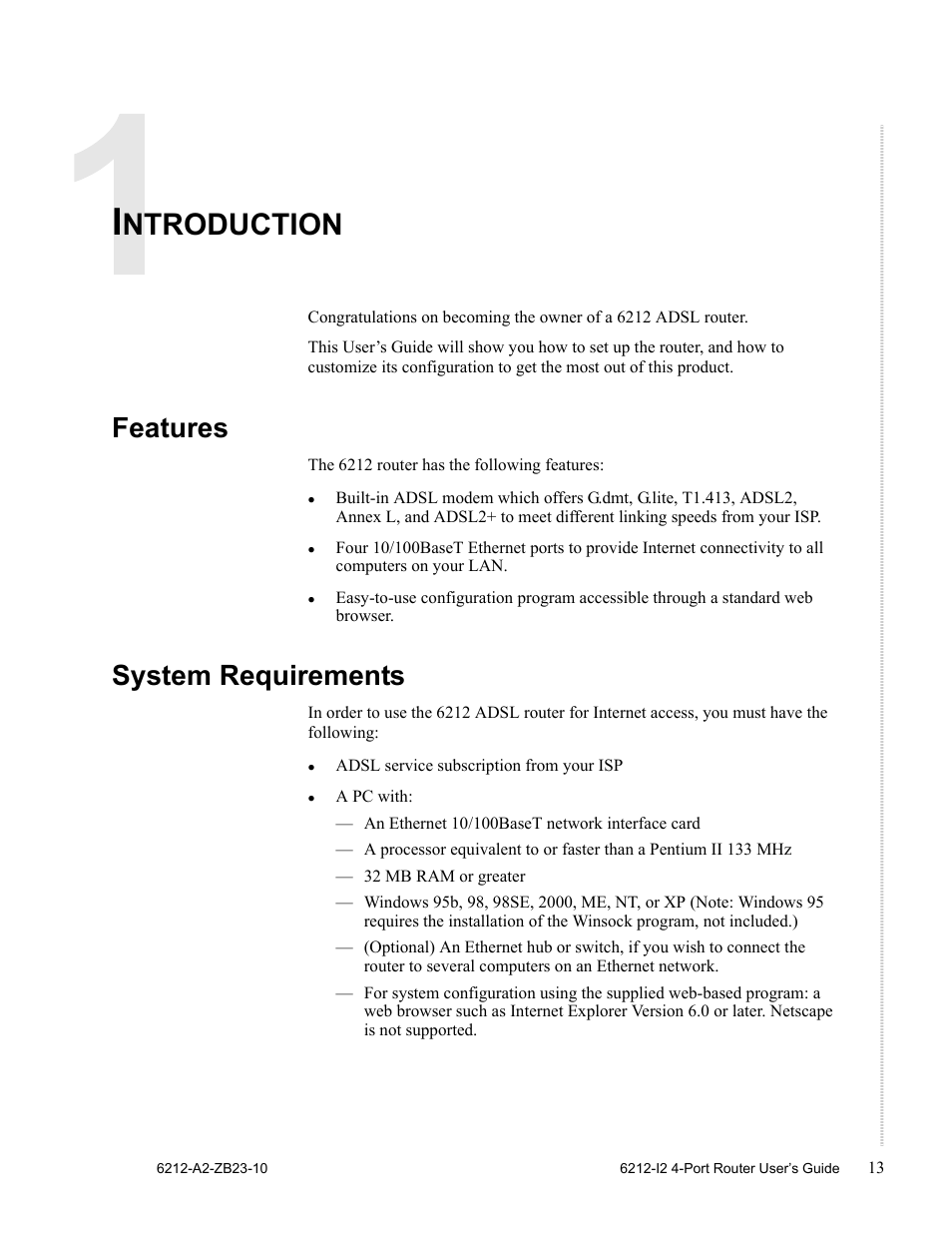 Introduction, Features, System requirements | Chapter 1, Chapter 1, introduction, Ntroduction | Zhone Technologies 6212-I2 User Manual | Page 13 / 84