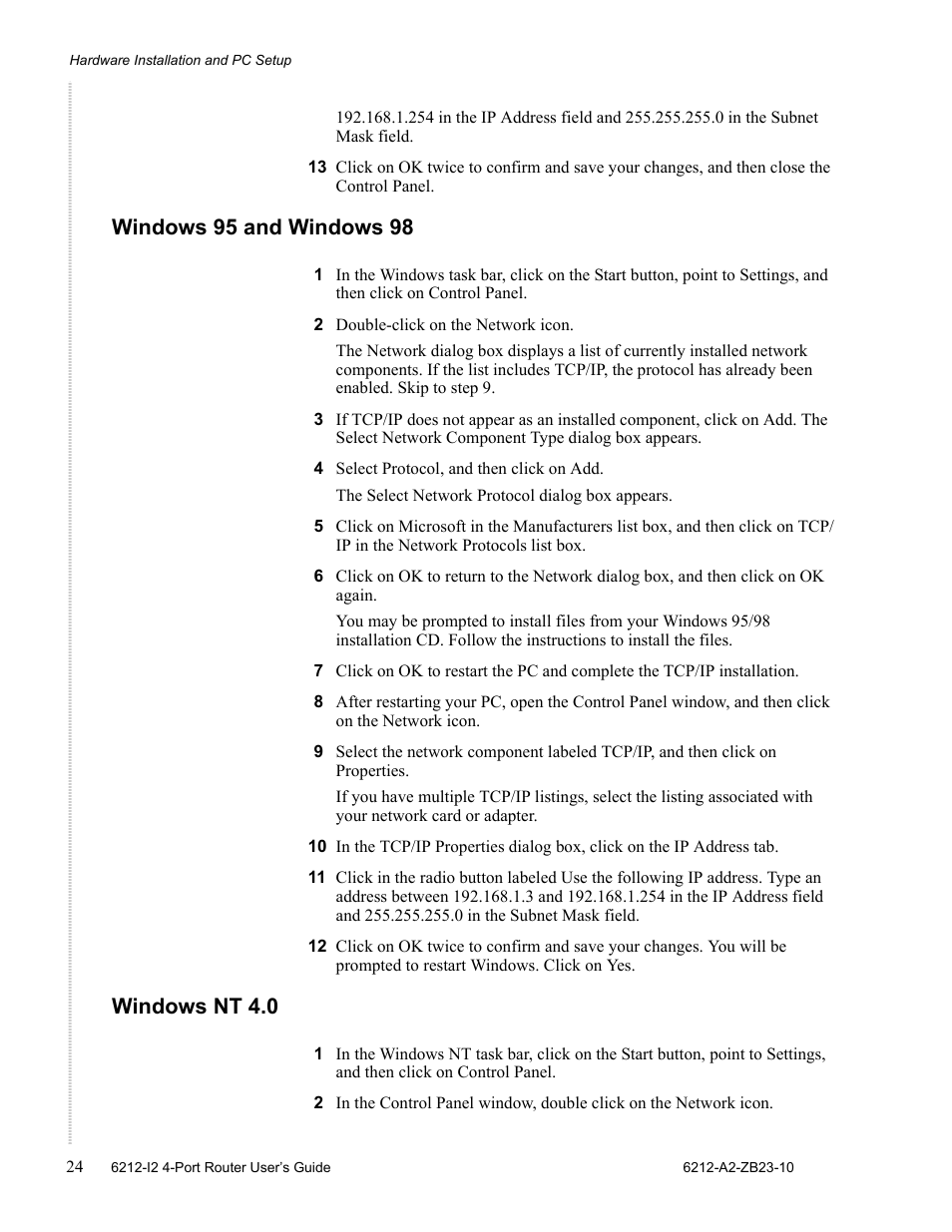 Windows 95 and windows 98, Windows nt 4.0 | Zhone Technologies 6212-I2 User Manual | Page 24 / 84