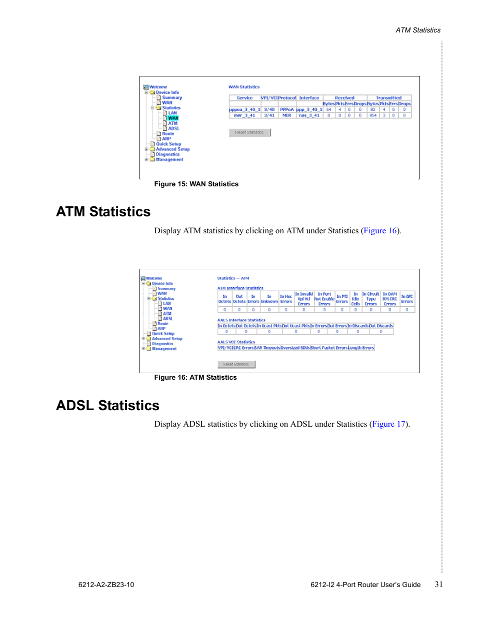 Atm statistics, Adsl statistics, Atistics | Figure 15 | Zhone Technologies 6212-I2 User Manual | Page 31 / 84