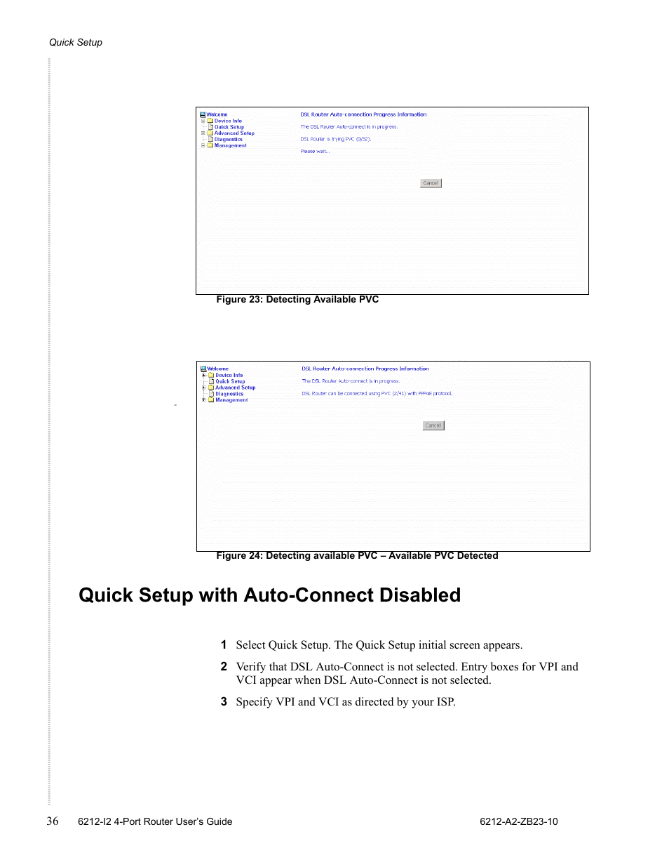 Quick setup with auto-connect disabled | Zhone Technologies 6212-I2 User Manual | Page 36 / 84