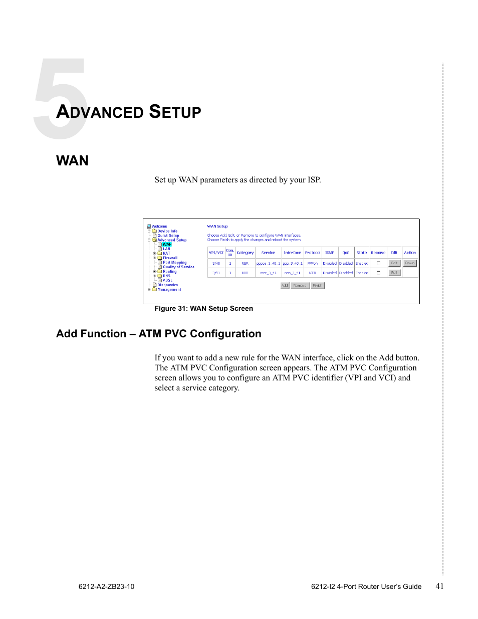 Advanced setup, Add function - atm pvc configuration, Chapter 5 | Add function – atm pvc configuration, Chapter 5, advanced setup, Dvanced, Etup | Zhone Technologies 6212-I2 User Manual | Page 41 / 84