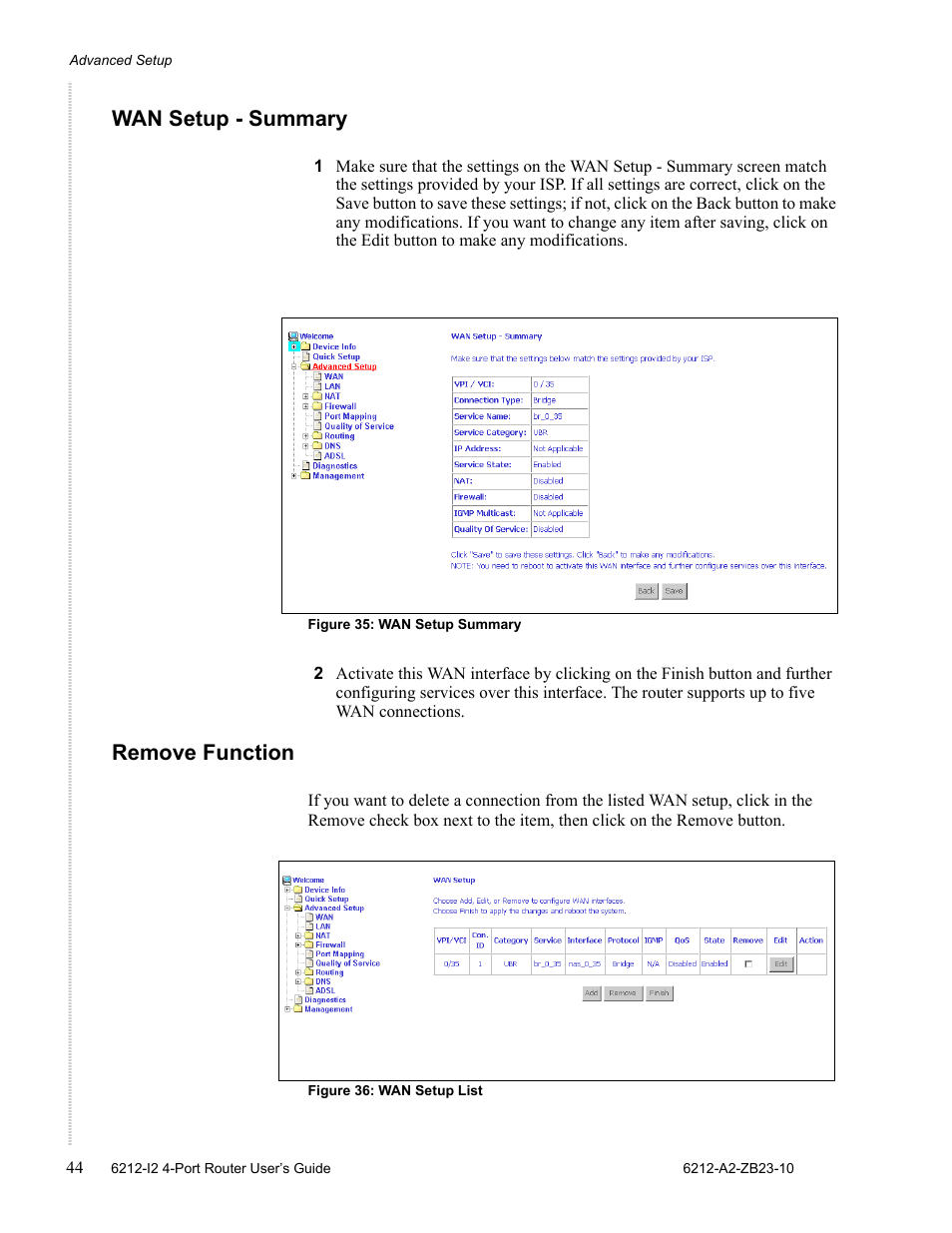 Wan setup - summary, Remove function | Zhone Technologies 6212-I2 User Manual | Page 44 / 84