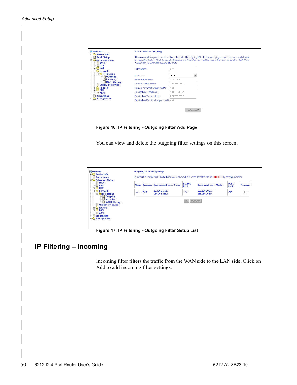 Ip filtering - incoming, Ip filtering – incoming | Zhone Technologies 6212-I2 User Manual | Page 50 / 84