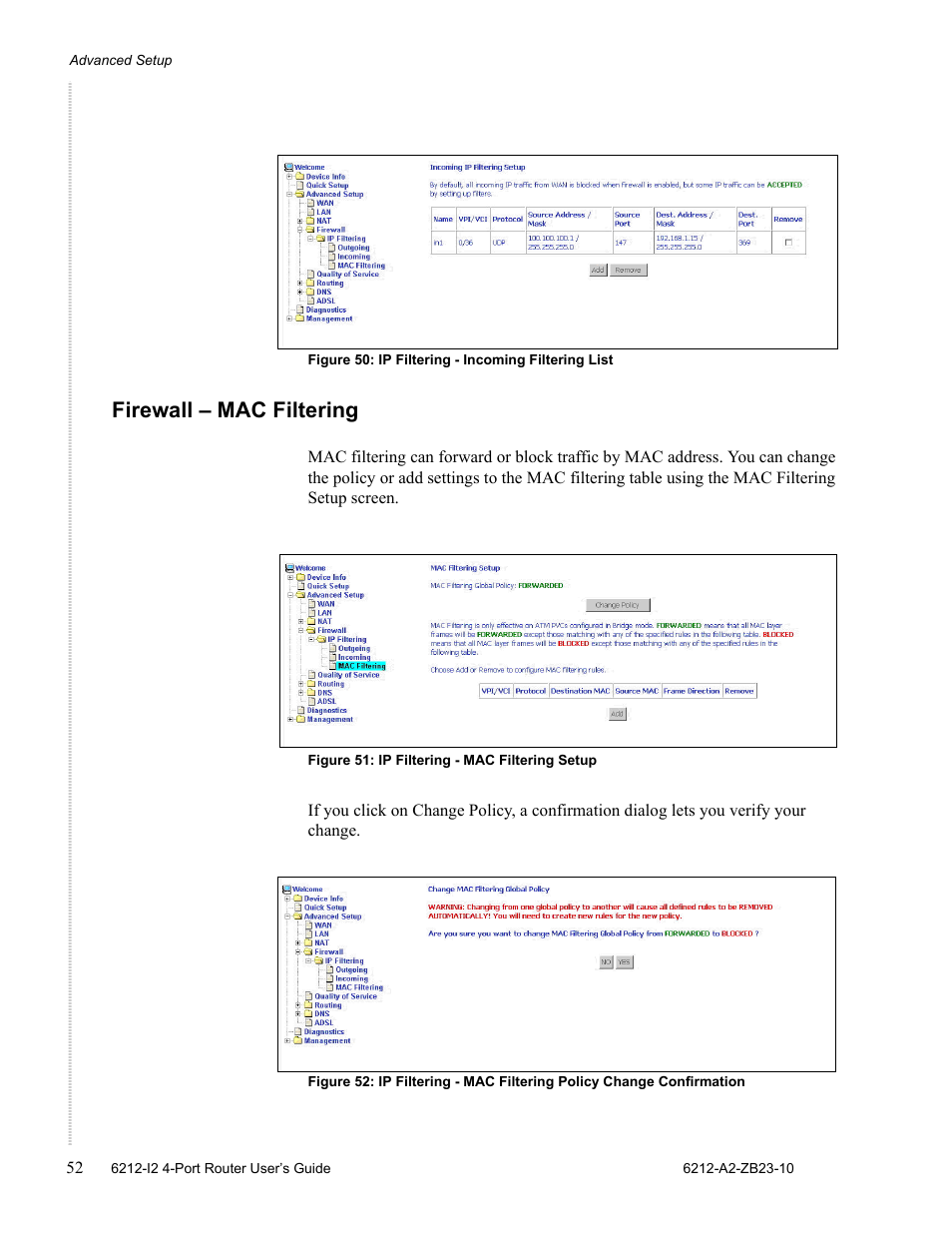 Firewall - mac filtering, Firewall – mac filtering | Zhone Technologies 6212-I2 User Manual | Page 52 / 84
