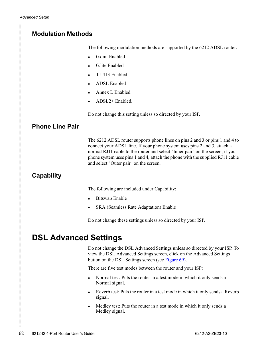 Modulation methods, Phone line pair, Capability | Dsl advanced settings | Zhone Technologies 6212-I2 User Manual | Page 62 / 84
