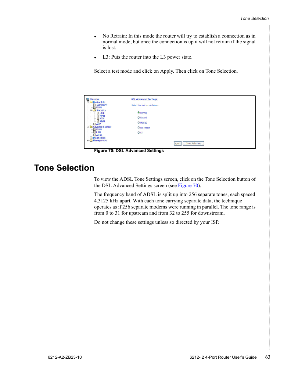 Tone selection | Zhone Technologies 6212-I2 User Manual | Page 63 / 84