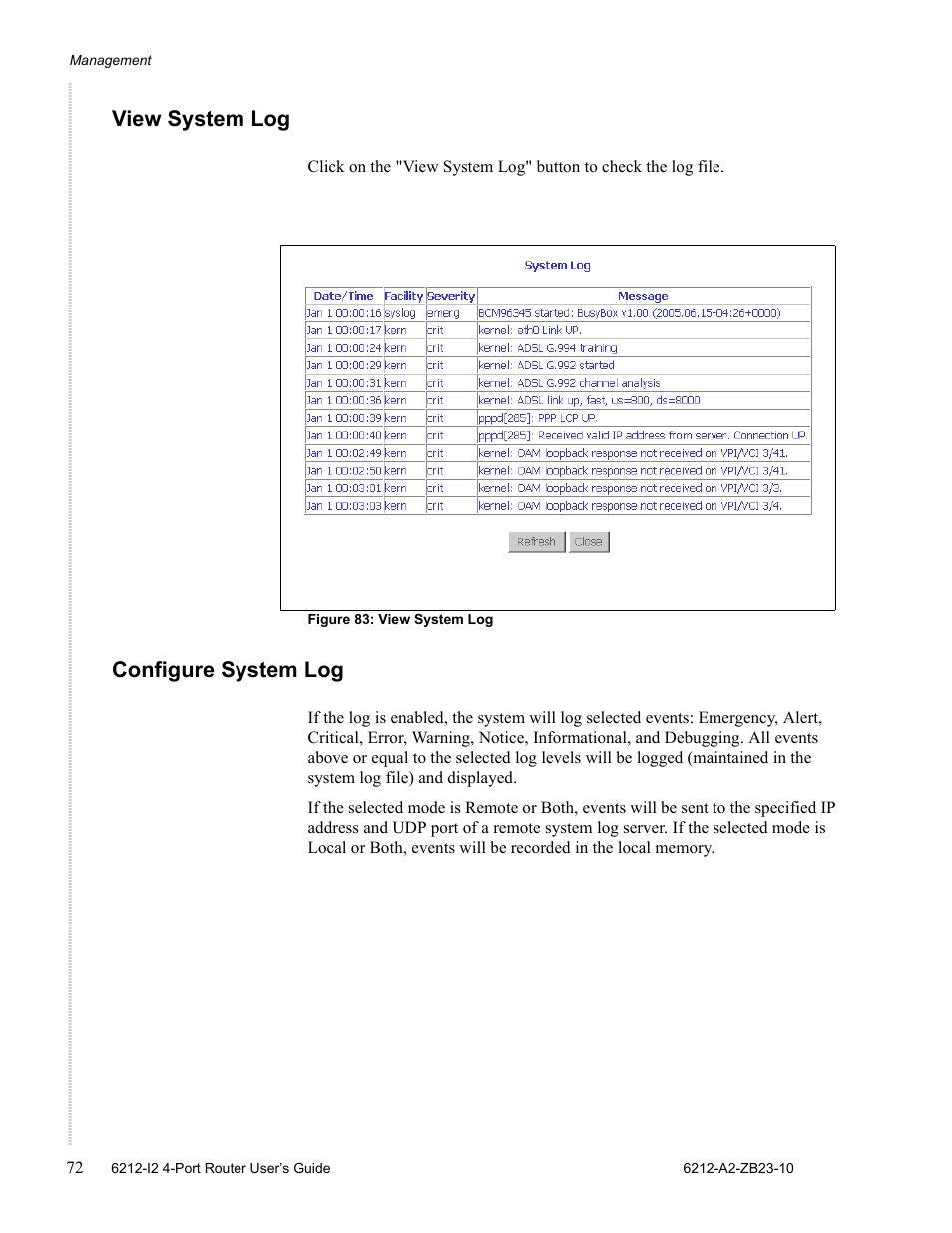 View system log, Configure system log | Zhone Technologies 6212-I2 User Manual | Page 72 / 84