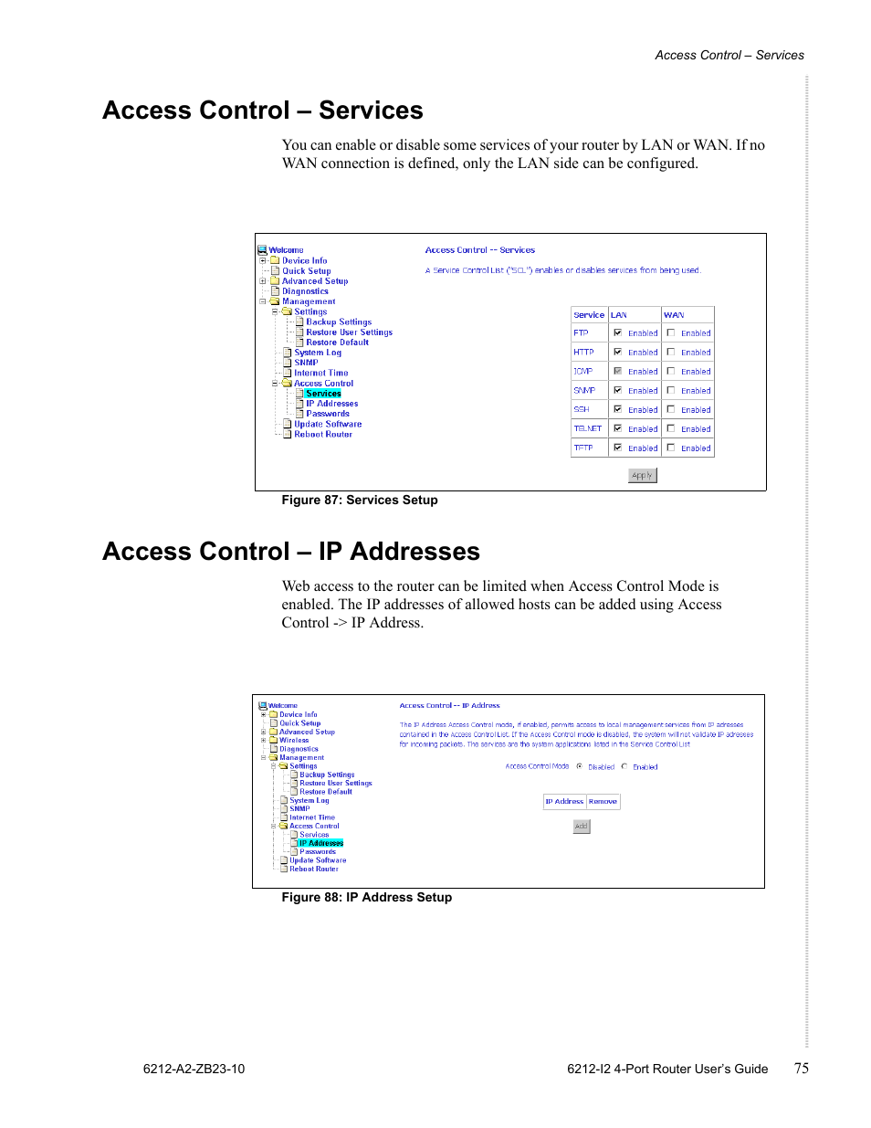 Access control - services, Access control - ip addresses, Access control – services | Access control – ip addresses | Zhone Technologies 6212-I2 User Manual | Page 75 / 84