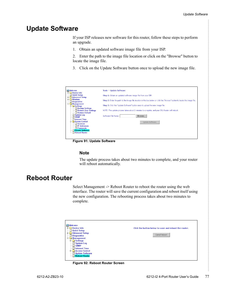 Update software, Reboot router | Zhone Technologies 6212-I2 User Manual | Page 77 / 84