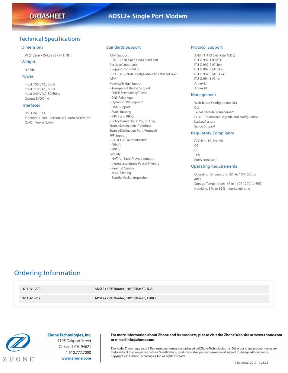 Ordering information, Adsl2+ single port modem, Technical specifications | Dimensions, Weight, Power, Interfaces, Standards support, Protocol support, Management | Zhone Technologies 1611-A2-xxx User Manual | Page 2 / 2