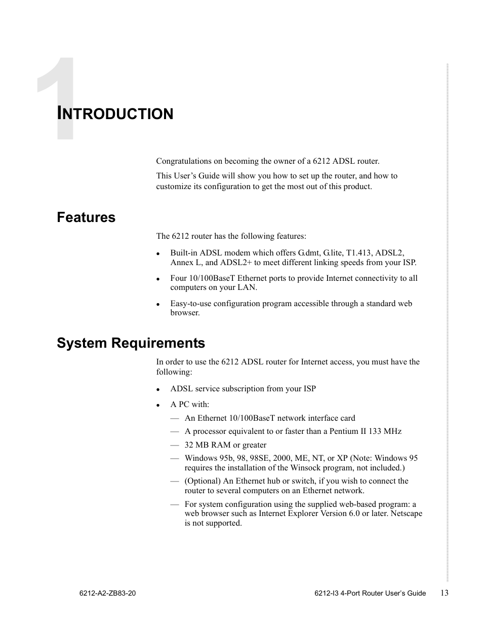 Ntroduction, Features, System requirements | Zhone Technologies 6212 User Manual | Page 13 / 84