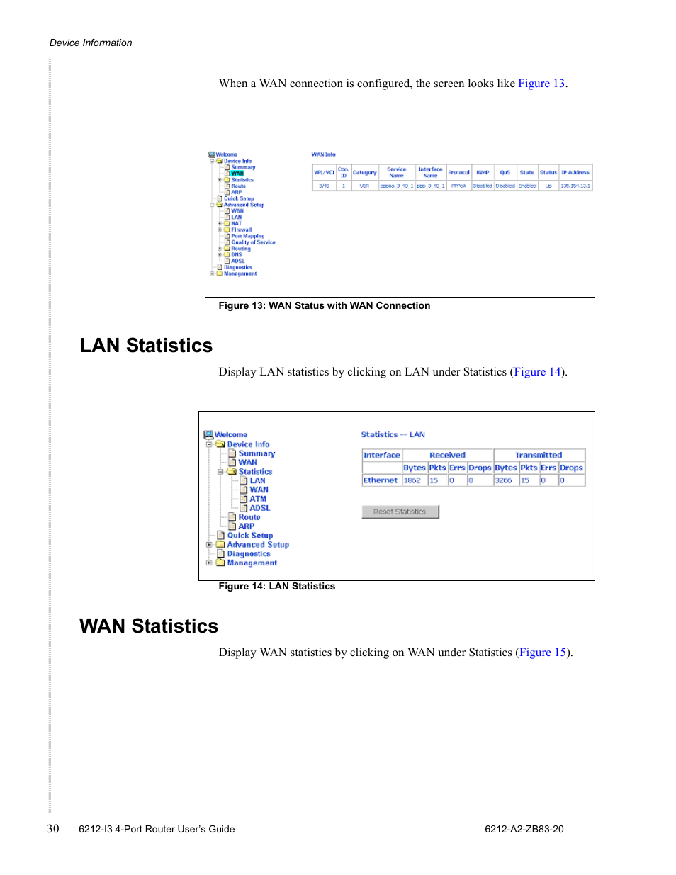 Lan statistics, Wan statistics | Zhone Technologies 6212 User Manual | Page 30 / 84