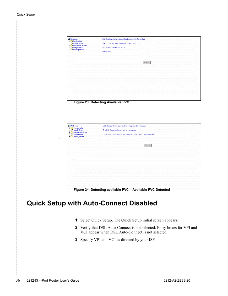 Quick setup with auto-connect disabled | Zhone Technologies 6212 User Manual | Page 36 / 84