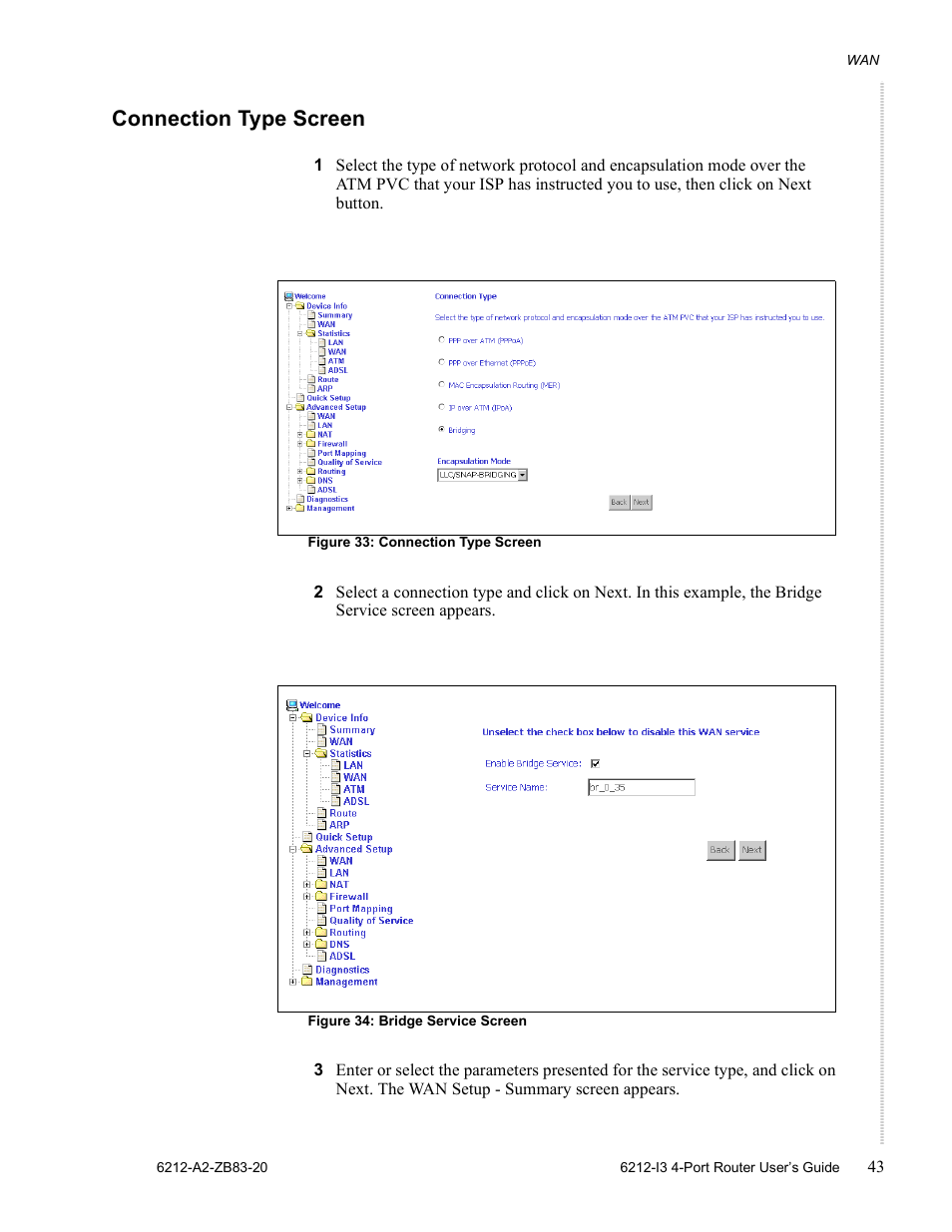 Connection type screen | Zhone Technologies 6212 User Manual | Page 43 / 84